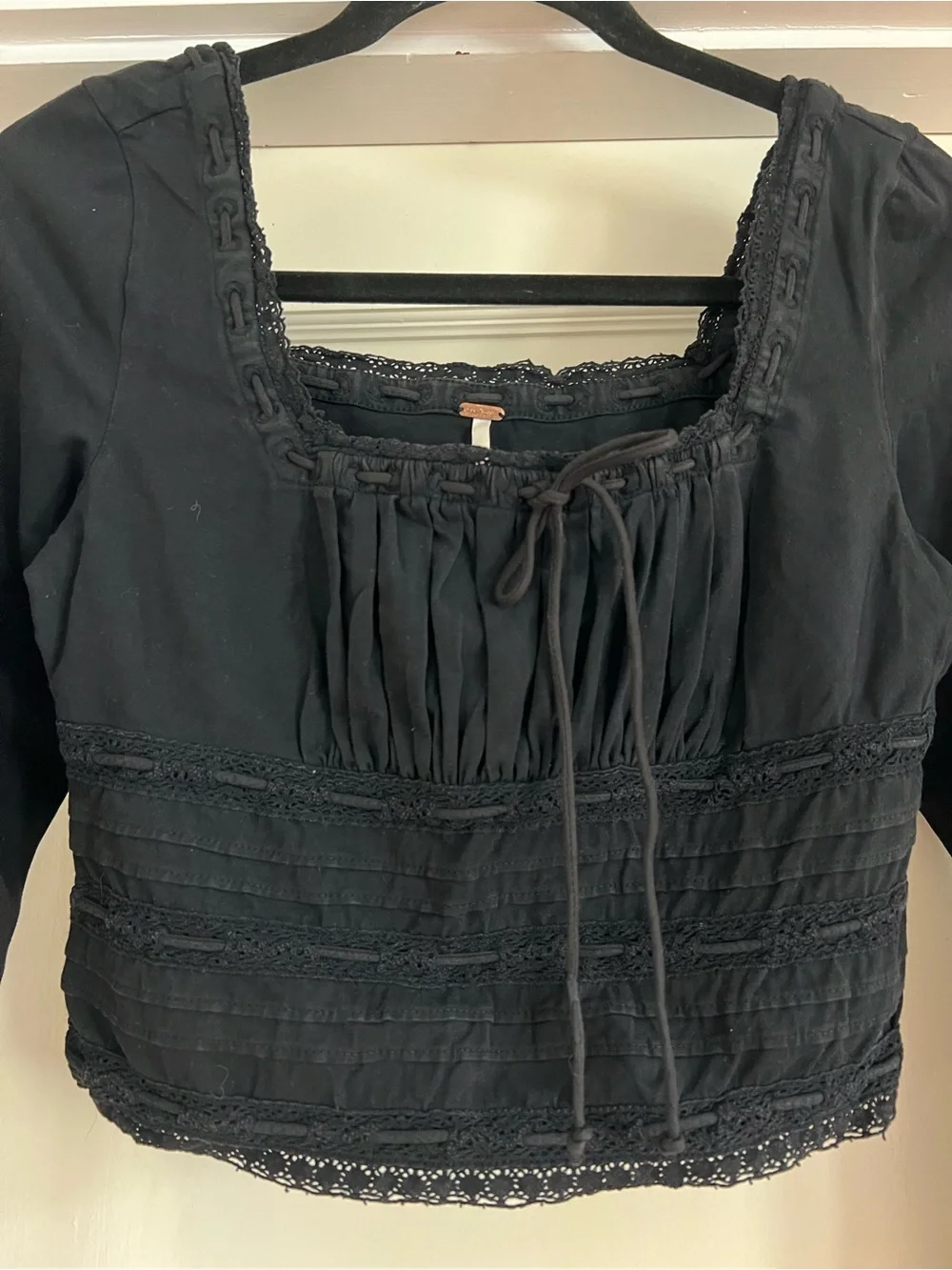 Free People Square Neck Scarlet Smocked Long Sleeve in Black Size Small NWT